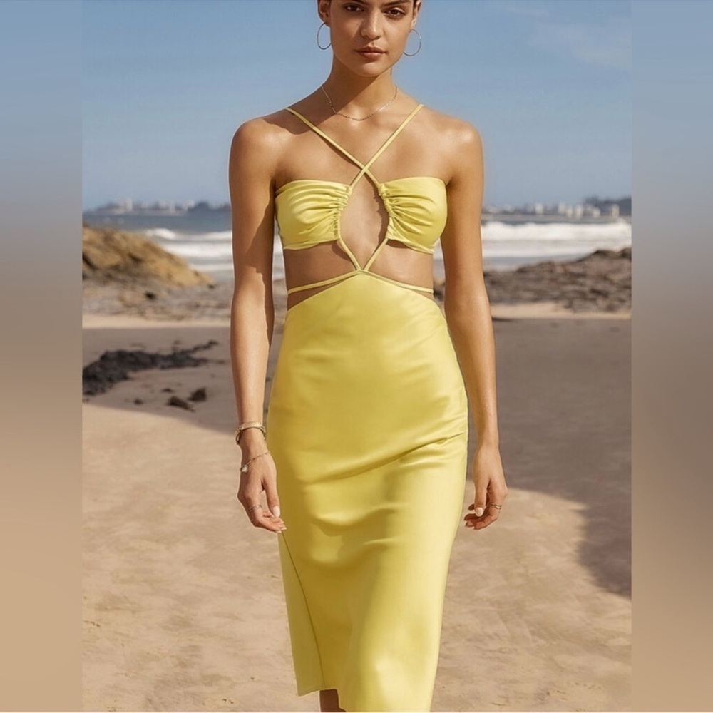 Bardot Yellow Lemon Mina Cutout Halter Neck Satin Slip-dress Size US 10 Medium